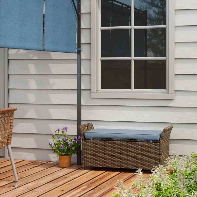 Outsunny Outdoor Patio Wicker Storage Bench, 2-In-1 Rattan Patio Furniture, 29 Gal Storage Box w/ Cushion, Dark Blue