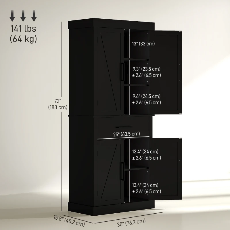 HOMCOM 72" Kitchen Storage Cabinet, Farmhouse Kitchen Pantry Cabinet with 4 Barn Doors, Drawer, Adjustable Shelves, Black