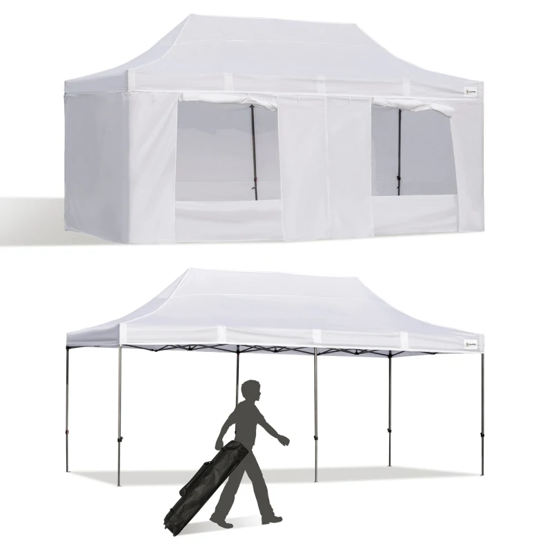 Outsunny 10' x 20' Pop Up Canopy Tent with Sidewalls & Doors, Instant Tents for Parties with Wheeled Carry Bag, Height Adjustable, for Outdoor, Garden, Patio, White