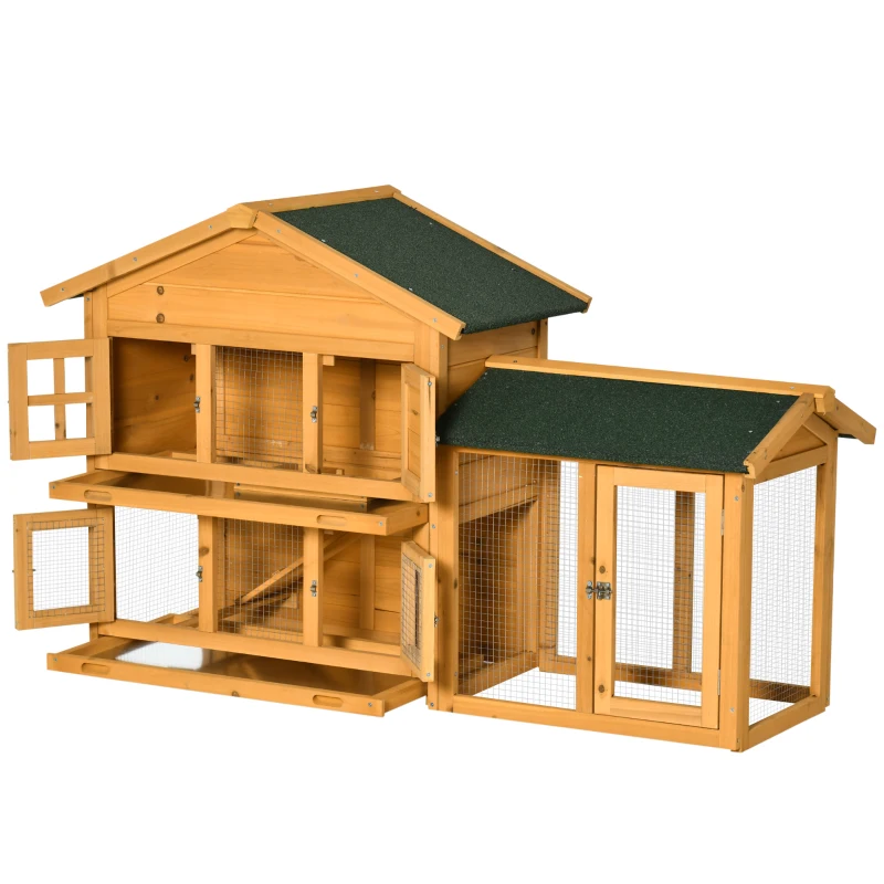 PawHut 59" Wooden Rabbit Hutch 2 Tier Bunny House Pet Playpen Enclosure for Indoor Outdoor with Slide-out Tray, Ramp, for Rabbits and Small Animals, Orange