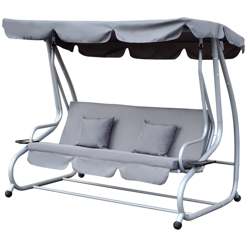 Outsunny 3-Seat Outdoor Patio Swing Chair, Converting Flat Bed, Canopy Swing with Adjustable Shade, Removable Cushions, Cup Holder, Grey