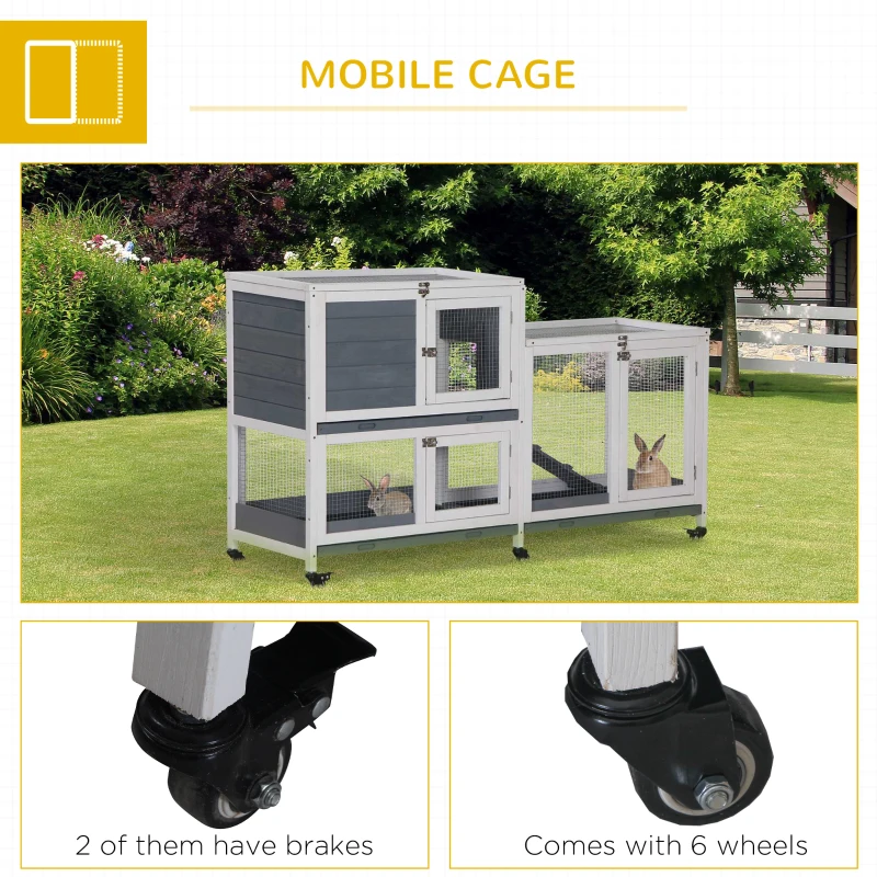 PawHut Wooden Rabbit Hutch Elevated Pet House Bunny Cage Small Animal Habitat with Slide-out Tray Lockable Door Openable Top for Indoor 58" x 18" x 35" Grey