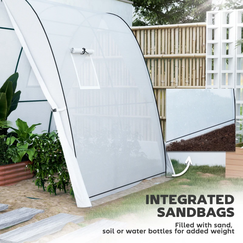 Outsunny Tunnel Hoop House Greenhouse with Sandbags and Hemmed PE Cover, 2 Doors and Screen Windows, 6' x 6' x 6.6', White