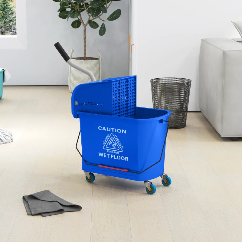 HOMCOM Compact Mop Bucket with Wringer, Mop Bucket on Wheels for Floor Cleaning, 21 Quart, Separate Dirty and Clean Water, Blue
