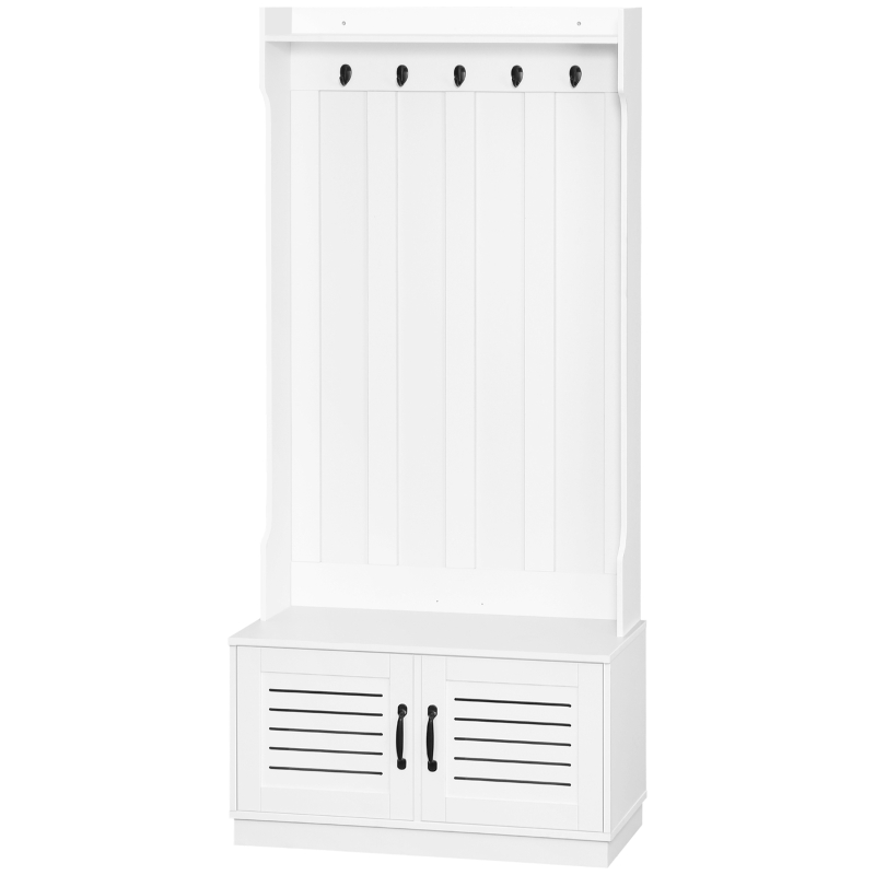 HOMCOM Modern Hall Tree, Entryway Coat Rack with Shoe Bench, 5 Hooks, Storage Shelf and Slatted Door Cabinet for Hallway, White