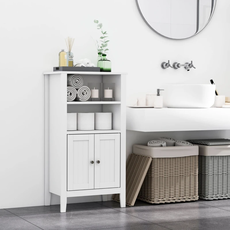 kleankin Bathroom Floor Cabinet, Wooden Bathroom Cabinet with 2 Open Shelves, Double Doors and Adjustable Shelves, Freestanding Storage Cabinet for Bathroom, White