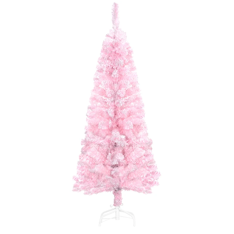 HOMCOM 4 ft Flocked Pencil Christmas Tree, Artificial Christmas Tree with Realistic Branches, Auto Open and Steel Base, Pink