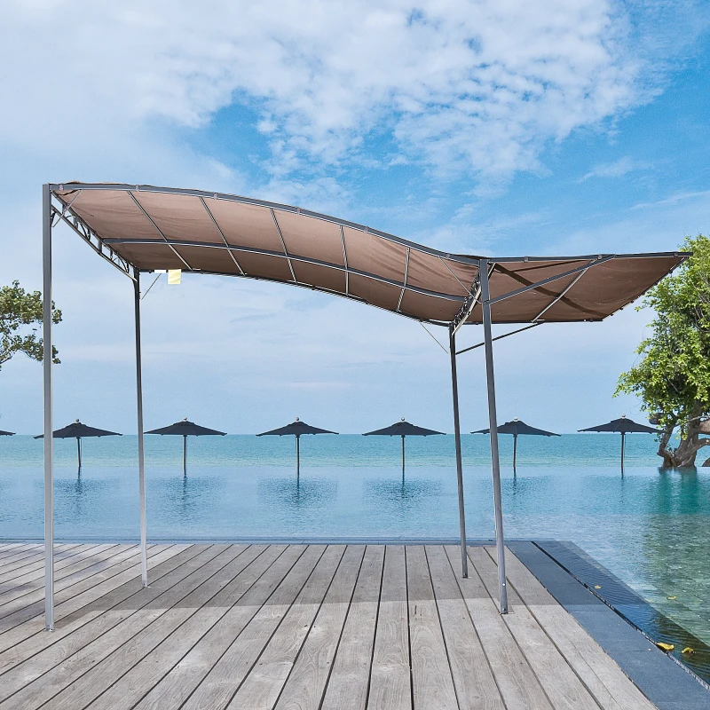 Outsunny 10x8ft Patio Metal Gazebo with Extendable Side Awning Outdoor Shelter Garden Sun Shade Canopy Deck Door Window Awning Brown