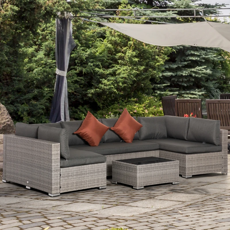 Outsunny 4-Piece Patio Furniture Sets Outdoor Wicker Conversation Set PE Rattan Sectional sofa set with Tempered Glass Coffee Table and Cushions for Backyard and Garden, Gray