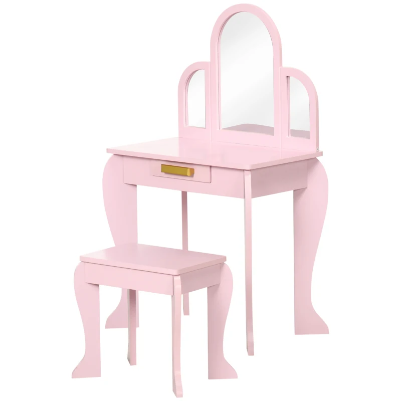 Qaba Kids Dressing Table and Chair Set, Girls Dressing Set, Makeup Desk with Drawer for 3-6 Years Old Kids, Pink
