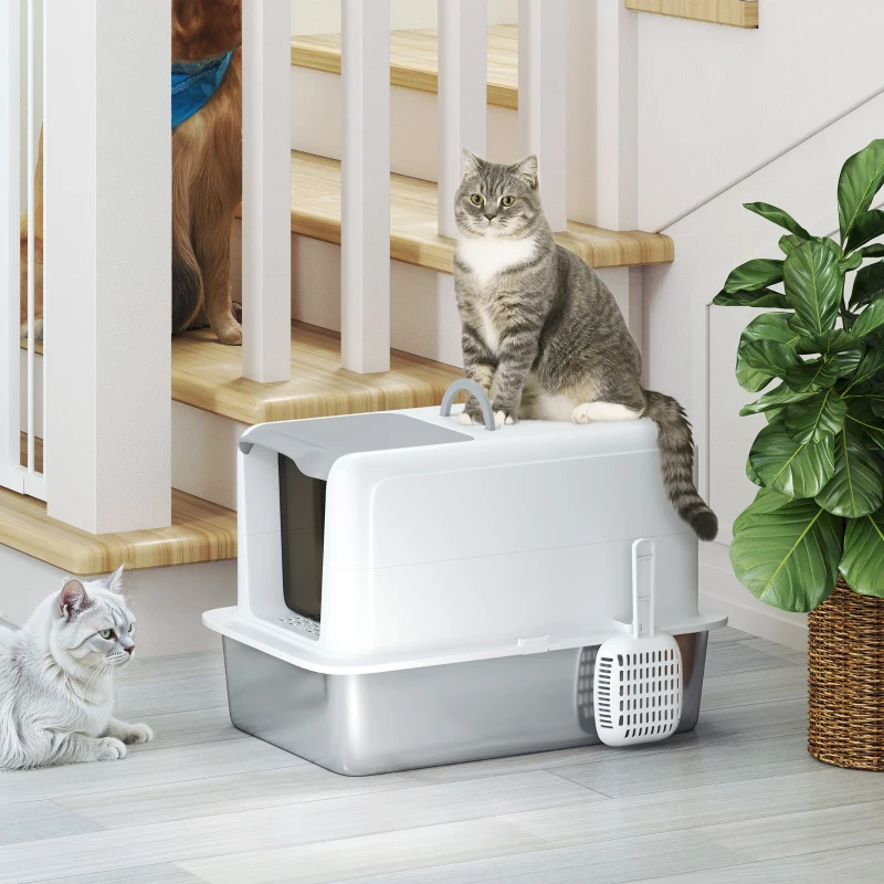PawHut 2 in 1 Stainless Steel Cat Litter Box with Removable Lid, Scoop, Filter Bags, for Small to Large Cats, White