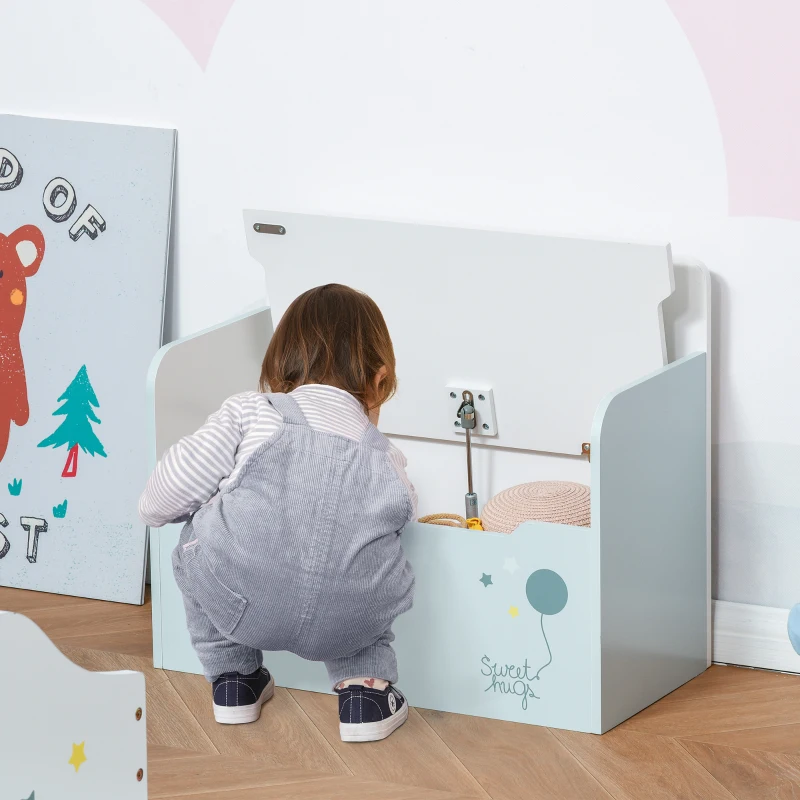 Qaba Kids Wooden Toy Storage Box Organizer Chest 2 in 1 Design with Gas Stay Bar 23.5" x 11.75" x 19.75" Light Blue