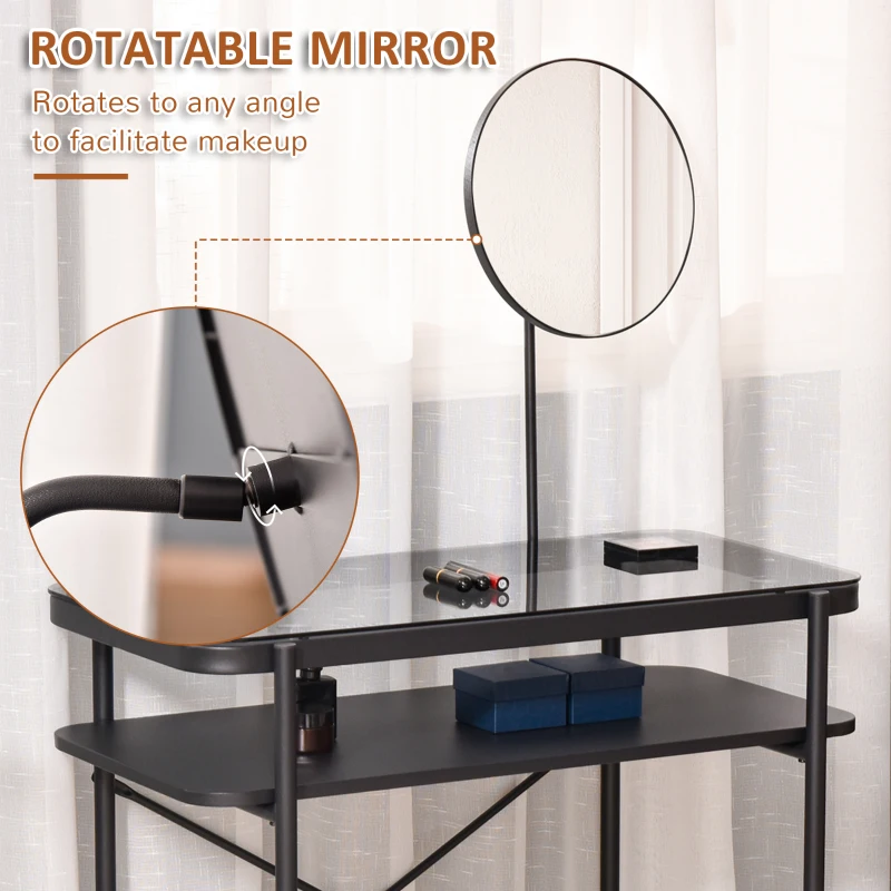 HOMCOM Modern Glasstop Vanity Table with Mirror,  Makeup Dressing Table with Rotating Round Mirror, Shelves for Perfumes, Cosmetics, Lotions, Black