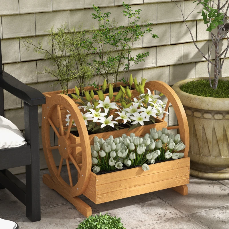 Outsunny Wooden Wagon Planter Box, 3-Tier Raised Garden Bed, for Vegetables Flowers Herbs, 24" x 24" x 22"