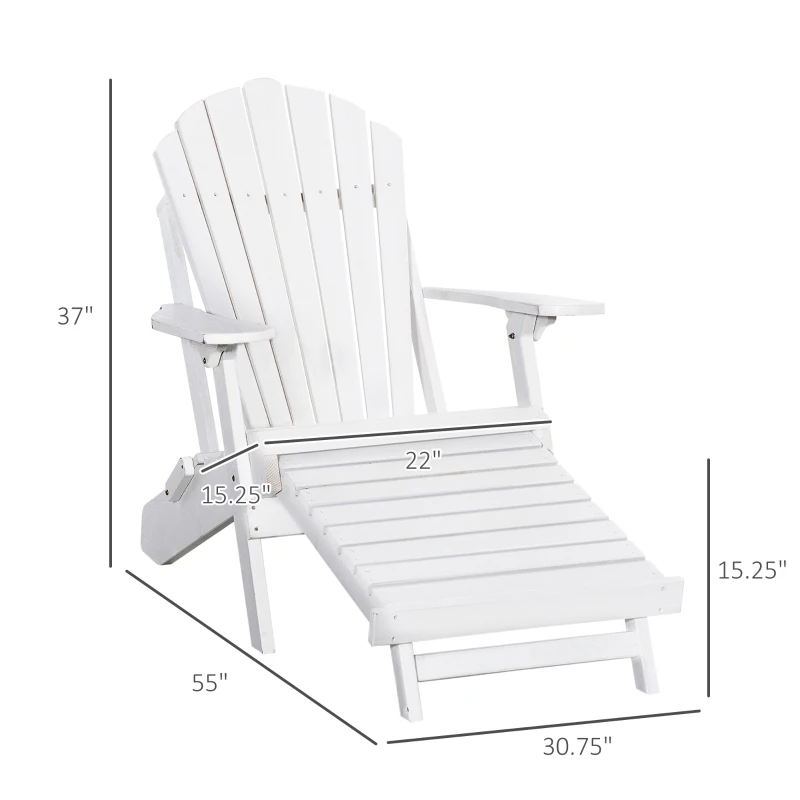 Outsunny Folding Adirondack Chair, Muskoka Chair with Pull-out Footrest, Outdoor Wooden Fire Pit Lounger for Patio, Porch, Poolside, Garden, White