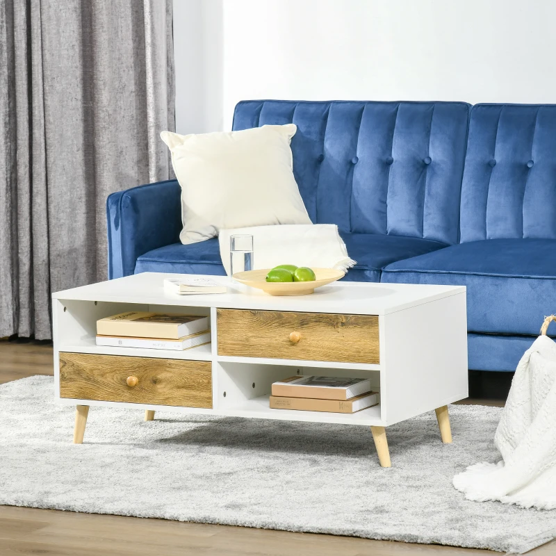 HOMCOM Coffee Table with Drawers and Shelves, Rectangular Center Table for Living Room, Bedroom, White and Brown