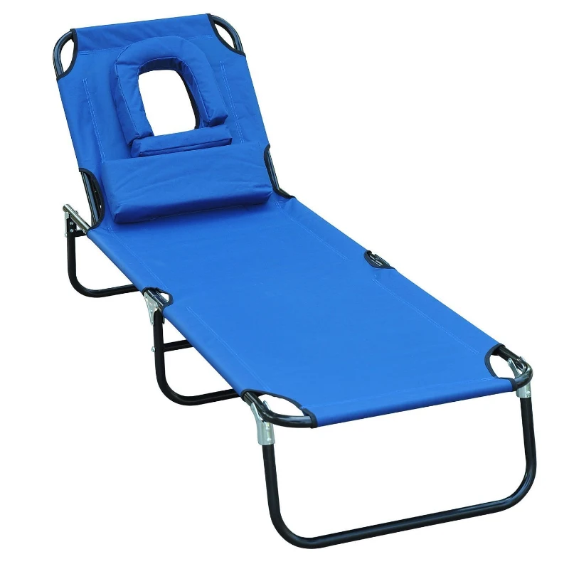 Outsunny Folding Outdoor Lounge Chair, Portable Reclining Beach Lounger with Face Hole, Detachable Pillow, 4-Position Adjustable Backrest, For Patio, Garden, Poolside, Blue