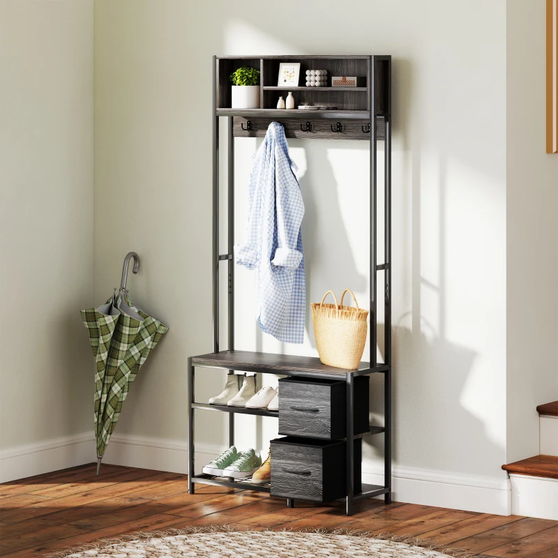 HOMCOM Hall Tree with Bench and Shoe Storage, 5-in-1 Entryway Bench with Coat Rack, 3 Storage Shelves, 2 Fabric Drawers, Gray