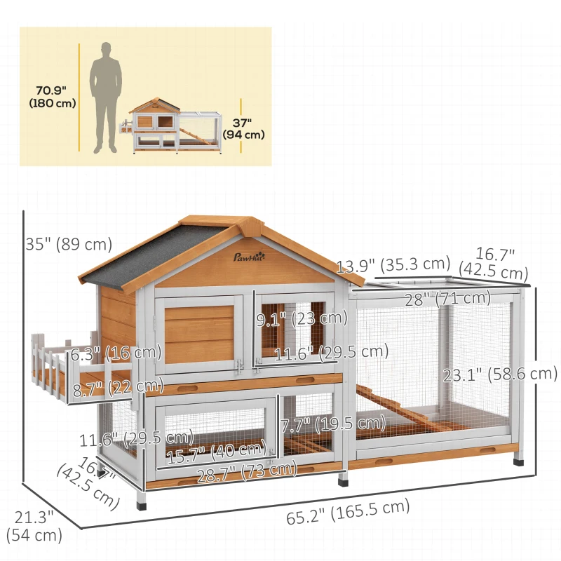 PawHut 65" Wooden Rabbit Hutch, Pet Playpen with Openable Roof, Storage Box, for Rabbits and Small Animals, Yellow