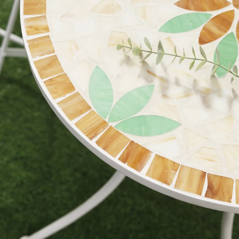 Outsunny 3 Piece Patio Bistro Set, Floral Mosaic Pattern, Metal Folding Chairs, Foldable Outdoor Dining Table for Coffee, Decor, Garden, Poolside, Porch, White