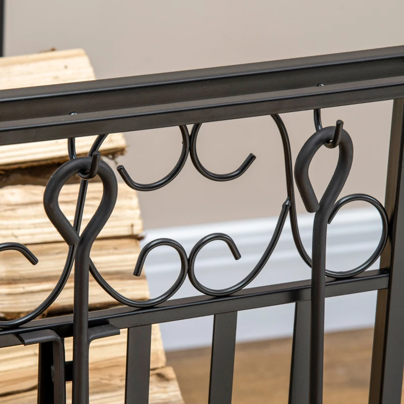 HOMCOM Heavy Duty Firewood Wood Log Rack Vintage Design Firewood Storage Shelf w/ 4 Tools, Black