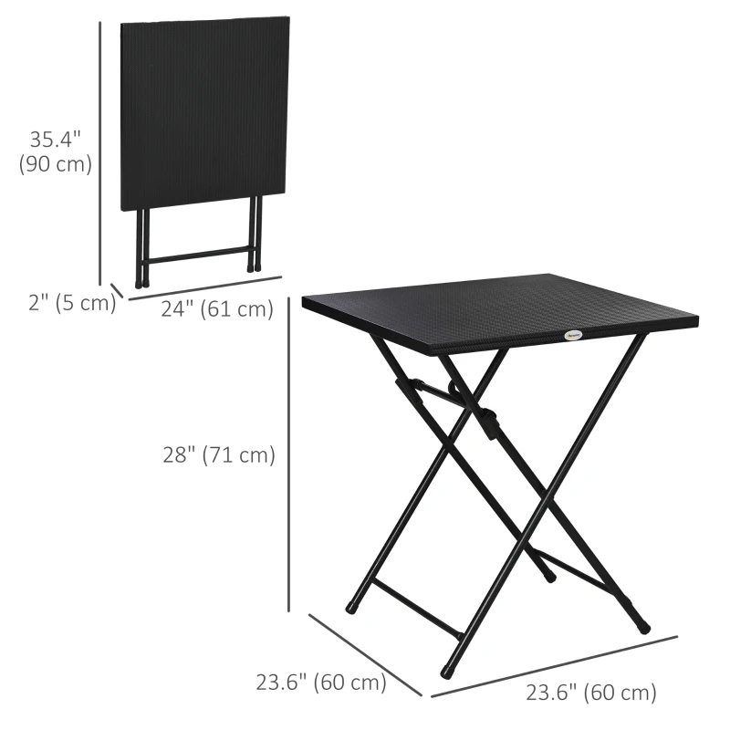 Outsunny Folding Coffee Table, Folding Patio Table, Square Small Side Table with Metal Plate Top, 23.6" x 23.6", Black