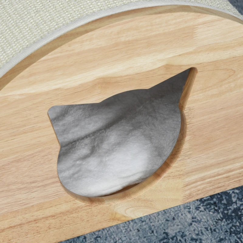 PawHut Wooden Cat House Kitten Condo with Cat-Shaped Entrance Sisal Scratching Carpet Soft Cushion, Natural