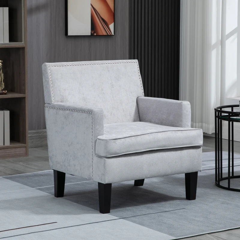 HOMCOM Modern Accent Chair Velvet Armchair, Light Gray