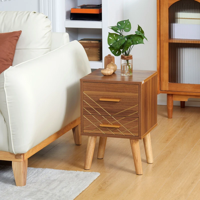 HOMCOM Scandinavian Bedside Table, Side End Table with 2 Drawers and Wood Legs, 13.8" x 12.6" x 20.3", Brown