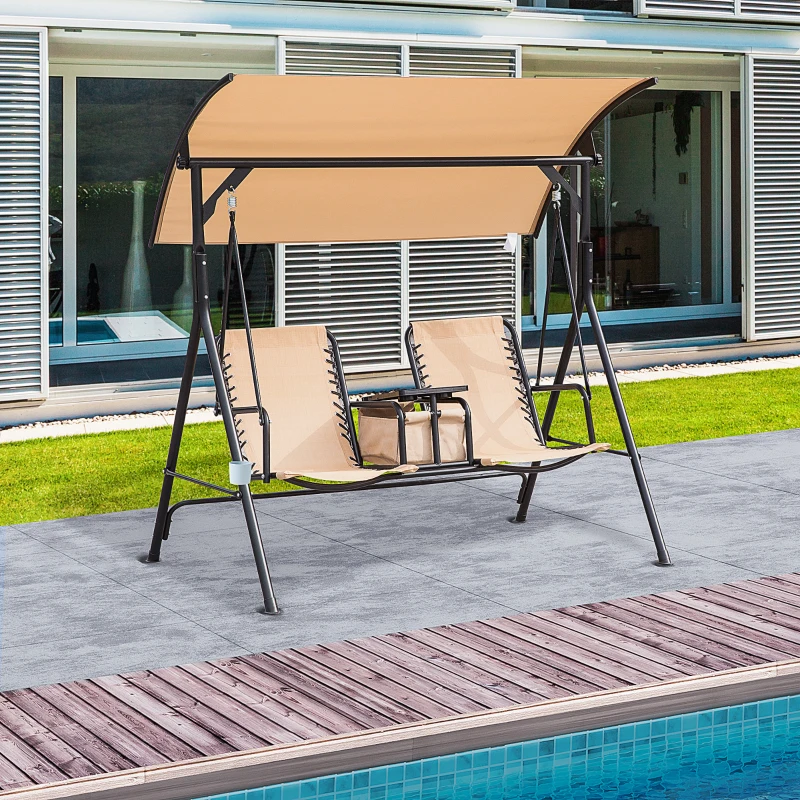 Outsunny 2 Person Covered Porch Swing Patio Swing with Pivot Storage Table, Cup Holder, & Adjustable Overhead Canopy, Beige