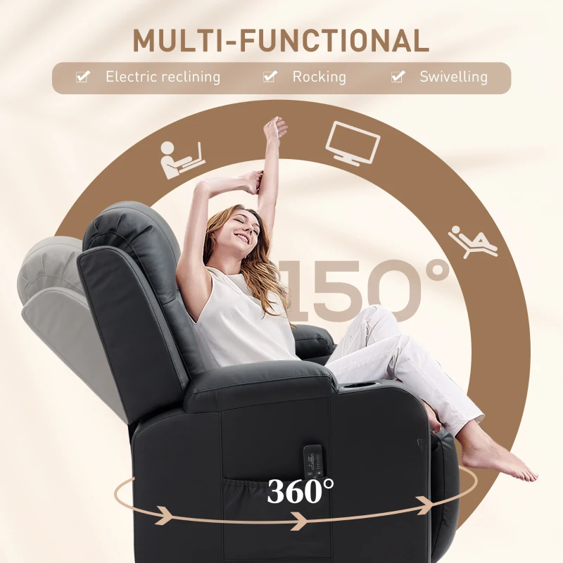 HOMCOM Swivel Massage Recliner Chair Rocker, Overstuffed Manual Reclining Sofa, PU Leather Rocking Chair with Side Pockets, Cup Holders, for Living Room, Nursery, Black