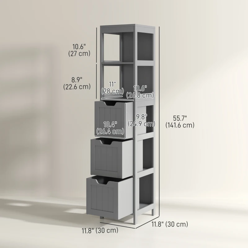 kleankin Narrow Bathroom Cabinet with 3 Drawers and 2 Tier Shelf, Tall Cupboard Freestanding Linen Tower, Grey