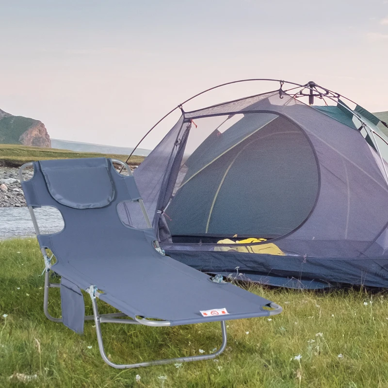 Outsunny Folding Outdoor Chaise Lounge Sun Tanning Chair with Face Cavity, Pillow, 5-level Adjustable for Beach, Pool, Gray