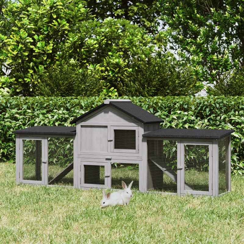 PawHut Outdoor Rabbit House 83" 2 Story Deluxe XL Wooden Rabbit Hutch Big Bunny Cage w/ Ladder and Run, Gray