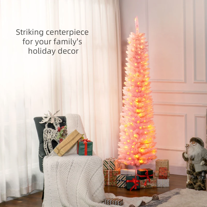 HOMCOM 6' Prelit Christmas Trees, Pencil Artificial Christmas Tree with Colorful Surface Branches, Colorful LED Lights, Pink