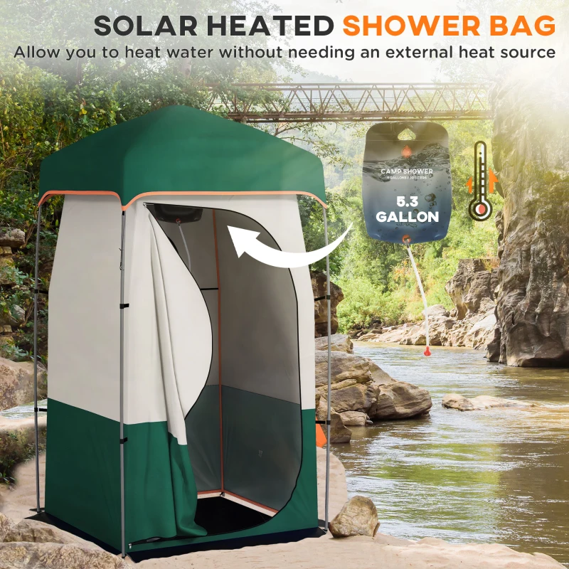 Outsunny Camping Shower Tent, Portable Privacy Shelter with Solar Shower Bag, Removable Floor and Carrying Bag, Green
