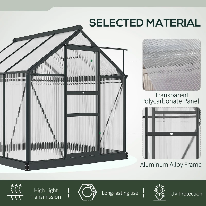 Outsunny Greenhouse Garden, Green House, Outdoor Greenhouse Kit, PC Board with Sliding Door, 6.2' x 6.3' x 6.6', Grey