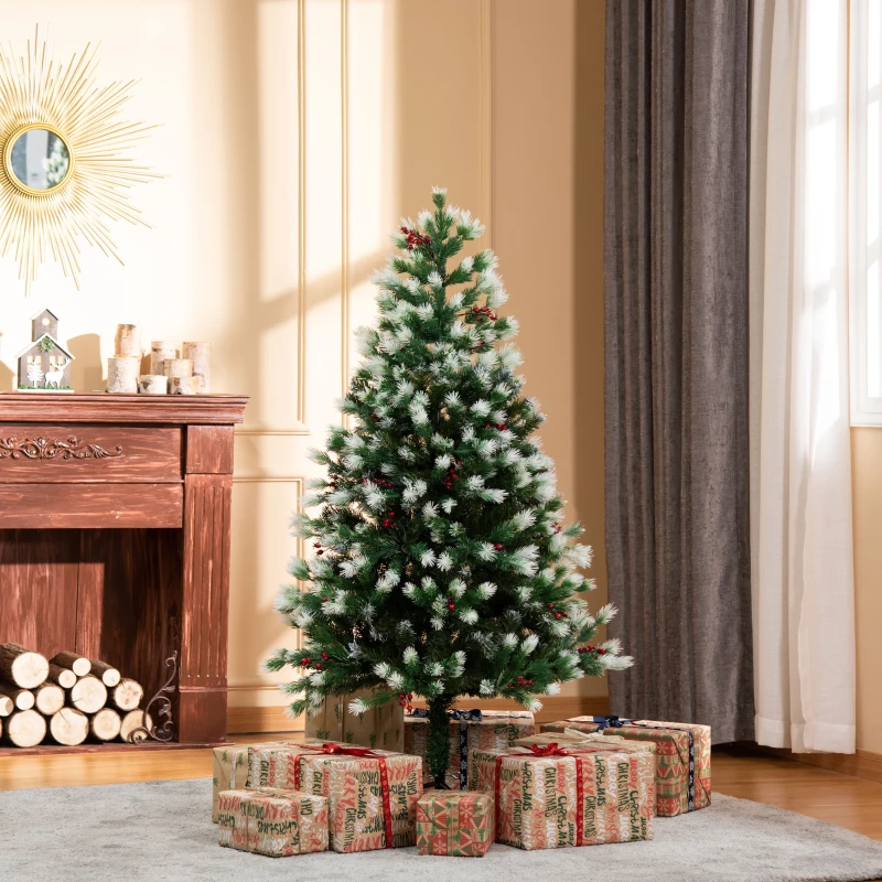 HOMCOM 5' Tall Unlit Snow-Flocked Fir Artificial Christmas Tree with Realistic Branches, Red Berries and 554 Tips, Green / White