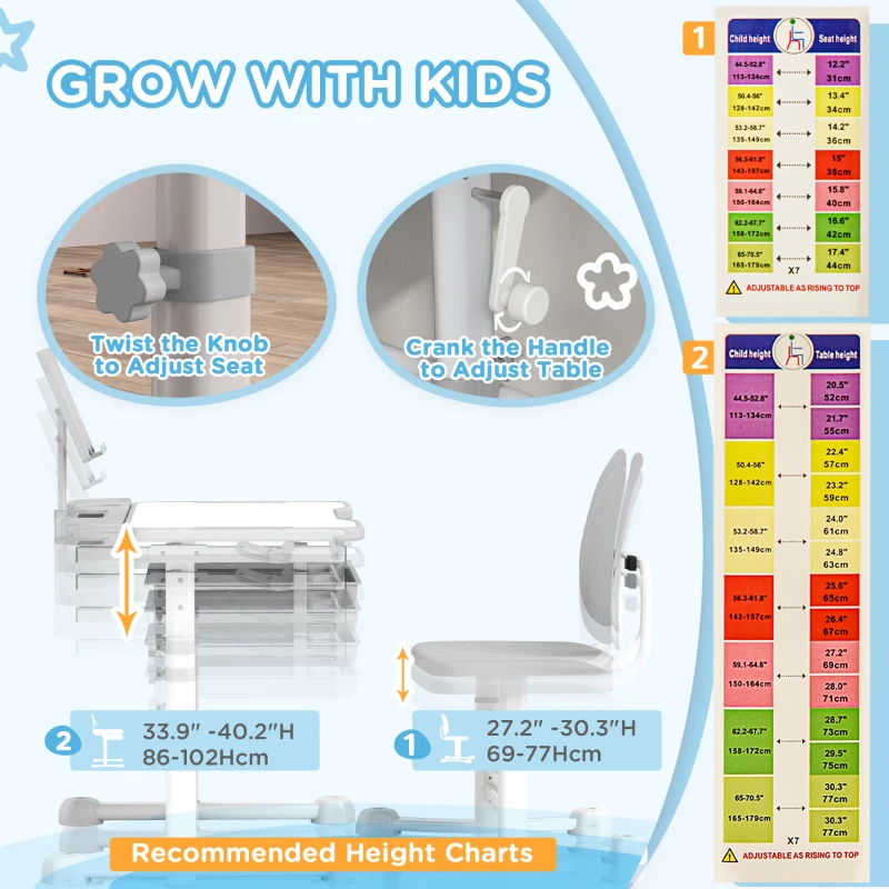 Qaba Height Adjustable Kids Desk and Chair Set with Tilt Desktop, Large Writing Board, Storage Drawer, Book Stand, Grey