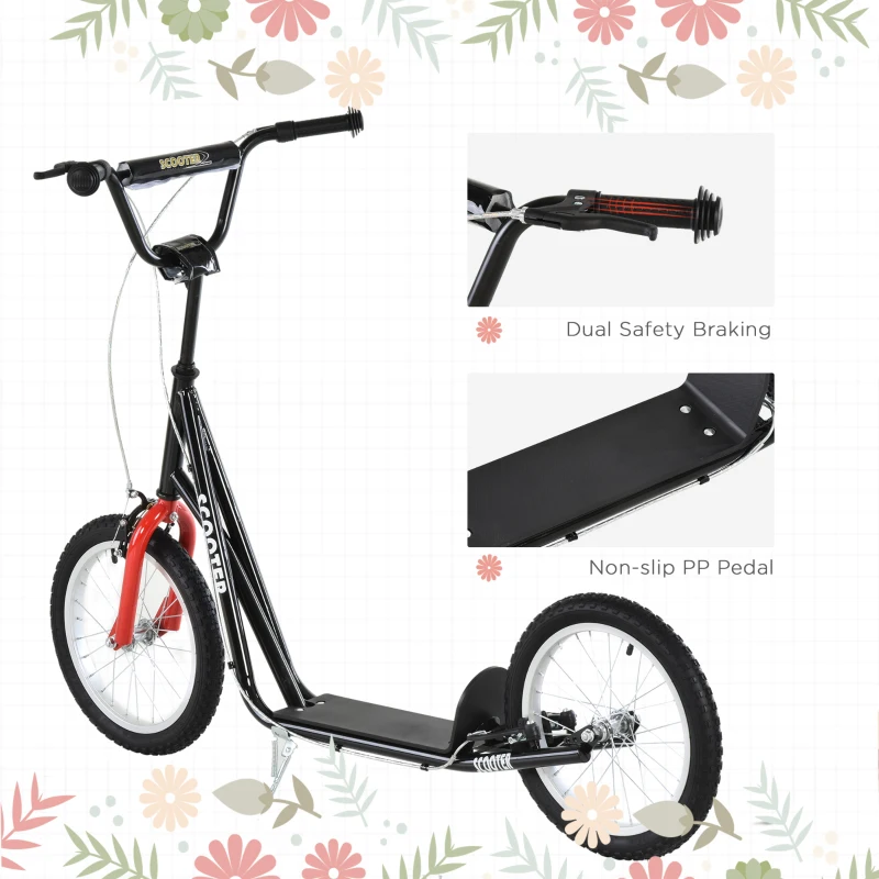 Aosom Kids Kick Scooter for 5+ Year Old, Kids Ride on Toy w/ 16'' Inflatable Wheel Dual Brakes, Black