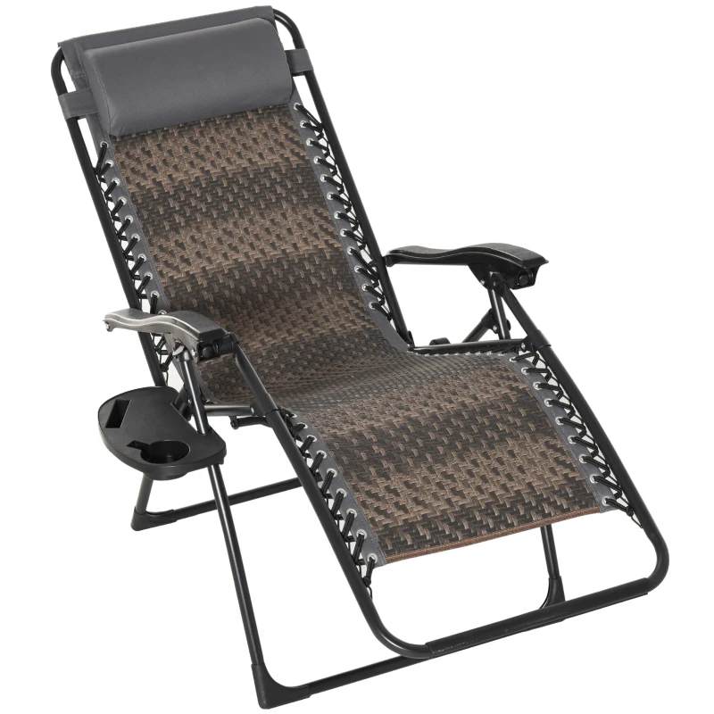 Outsunny Wicker Folding Lounge Chair with Adjustable Backrest, Rattan Recliner Chair with Headrest & Side Table Tray, Grey