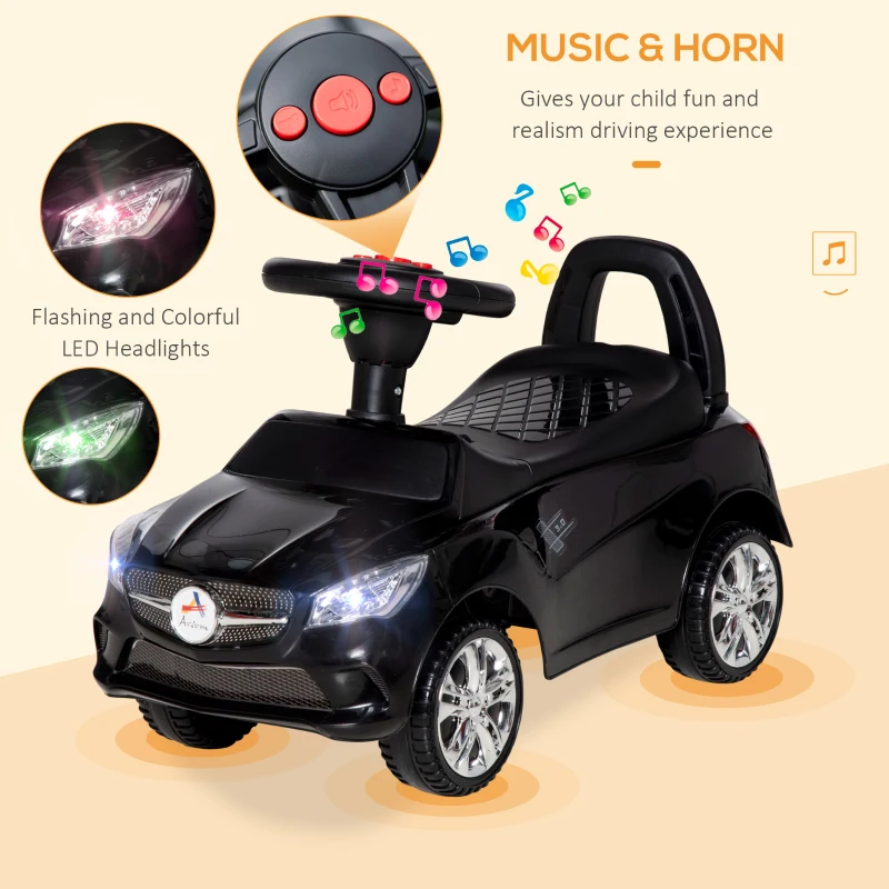 Aosom Kids Ride On Push Car, Foot-to-Floor Walking Sliding Toy Car for Toddler with Working Horn, Music, Headlights and Storage, Black