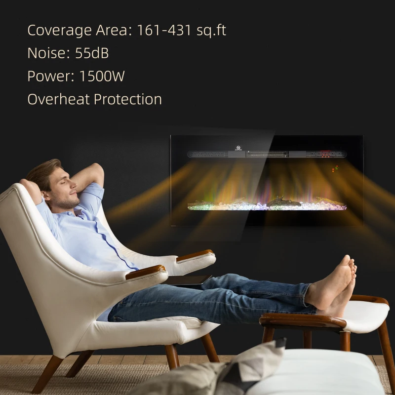 HOMCOM 36" Recessed or Wall Mounted Electric Fireplace Heater with Remote Control, Adjustable Flame Color and Brightness