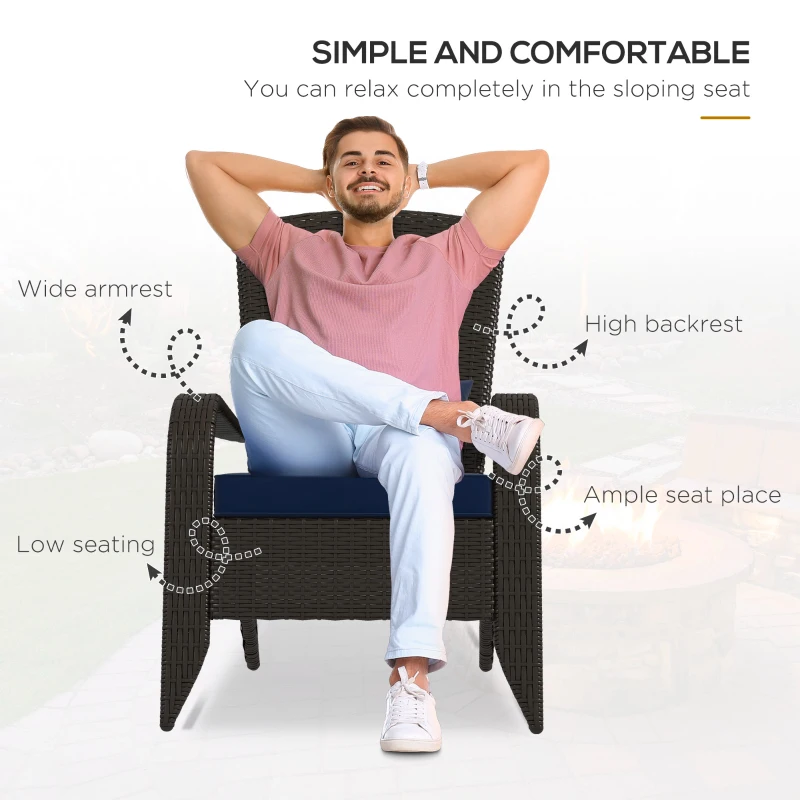Outsunny Patio Wicker Adirondack Chair, Outdoor Rattan Muskoka Chair with Cushions for Patio, Garden, Backyard Dark Blue