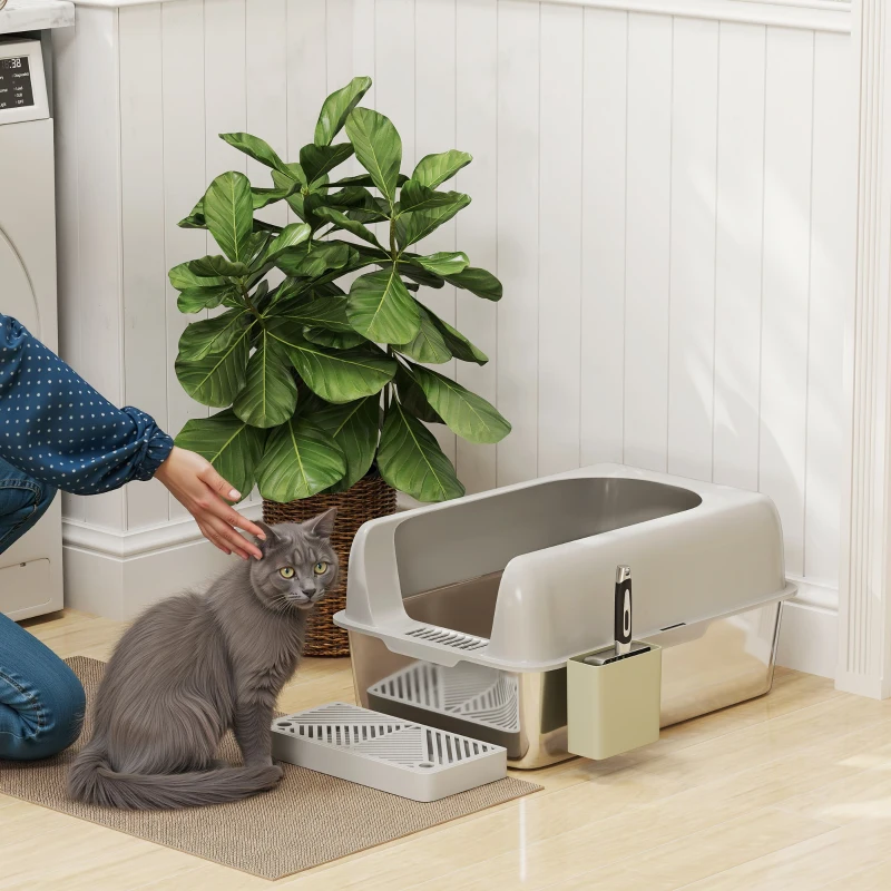 PawHut High Sided Stainless Steel Litter Box with Metal Scoop & Scoop Holder, for Easy Clean& Anti-Urine Leakage, Light Gray