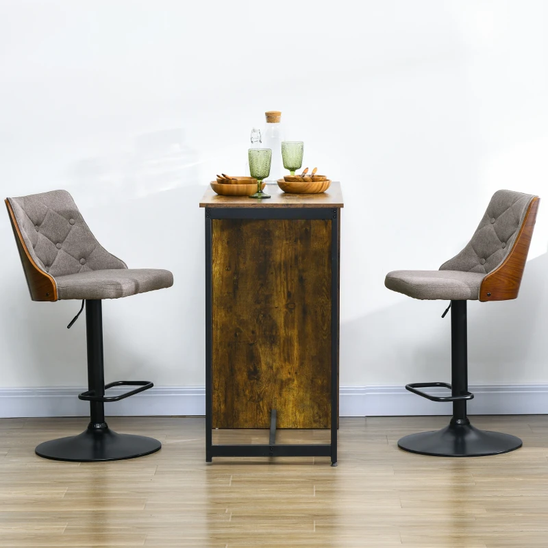 HOMCOM Counter Height Bar Stools Set of 2 with Solid Wood Back, Height Adjustable Swivel Barstools, Button Tufted Linen Fabric Bar Chairs with Footrest, Brown
