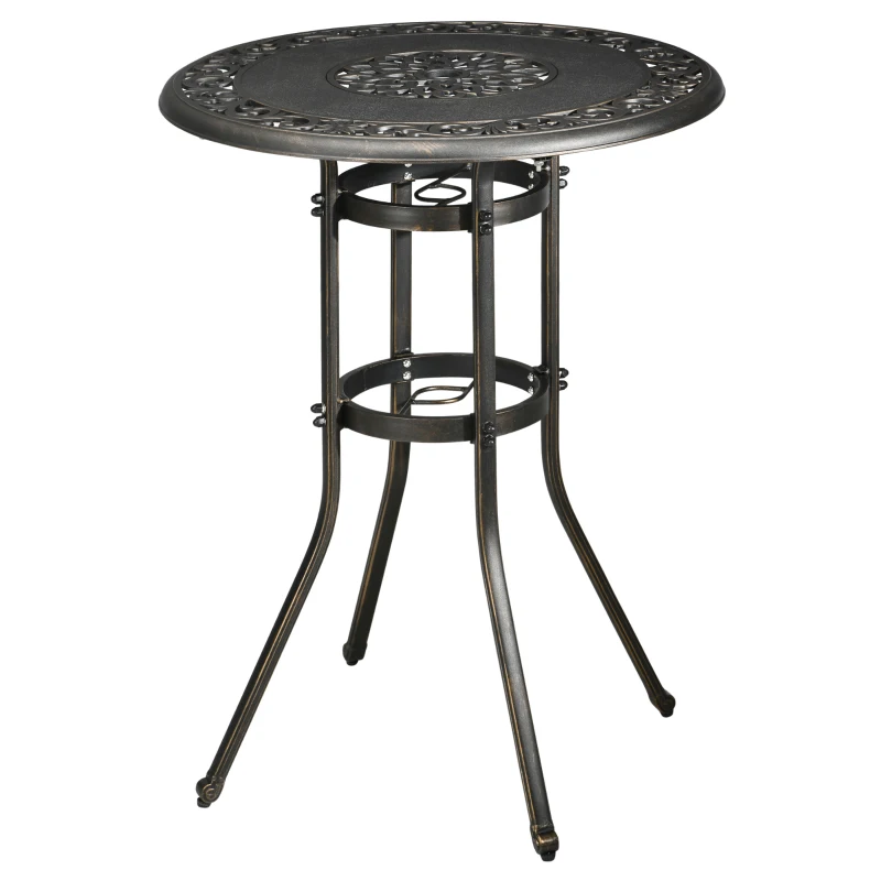 Outsunny Ф31.5" Round Garden Bar Table, Cast Aluminum Frame Patio Bar Height Desk w/ Umbrella Hole for Patio, Garden, Balcony, Bronze