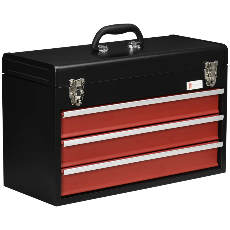 DURHAND 20" Portable Metal Tool Box with Metal Latch Closure, 3 Drawer Lockable Tool Chest with Ball-bearing Slider for Garage, Household and Warehouse, Red