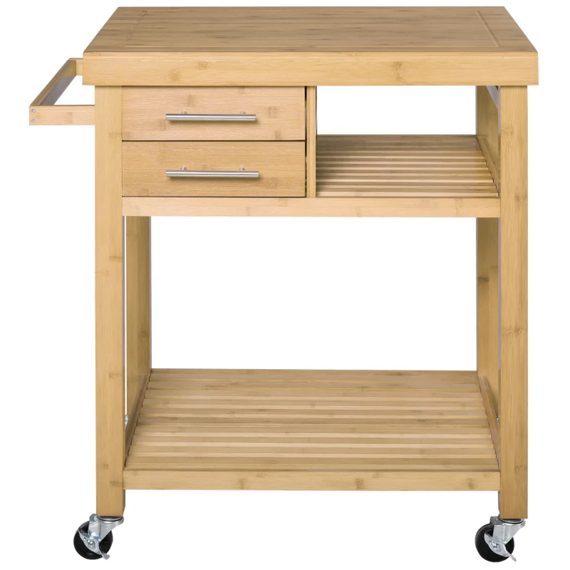 HOMCOM Bamboo Kitchen Island Cart on Wheels, Utility Trolley Cart with 2 Storage Drawers and Open Shelves, Bamboo Tone