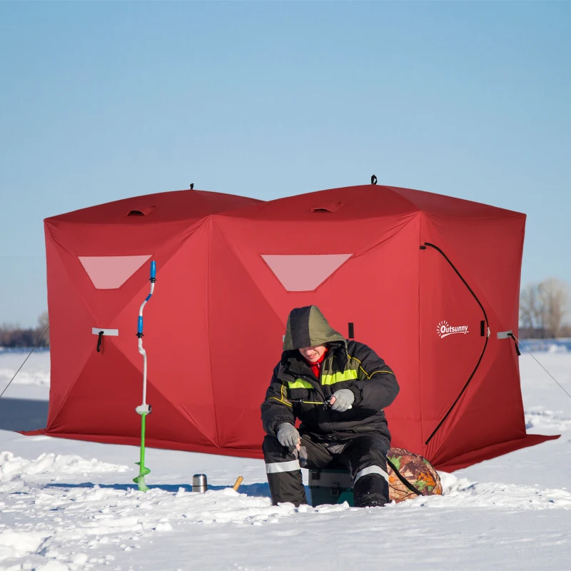 Outsunny 5-8 People Ice Fishing Shelter, Pop-Up Portable Ice Fishing Tent with Carry Bag, Two Doors, Windows and Vents, Ice Shanty for Winter Fishing, Red